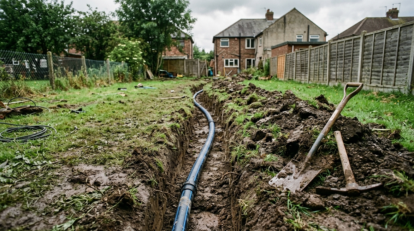 A narrow service trench across a lawn with new pipe laid in it
