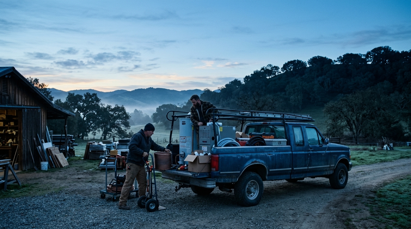 Loading plumbing and heating equipment into a pickup at dawn in the Santa Maria Valley
