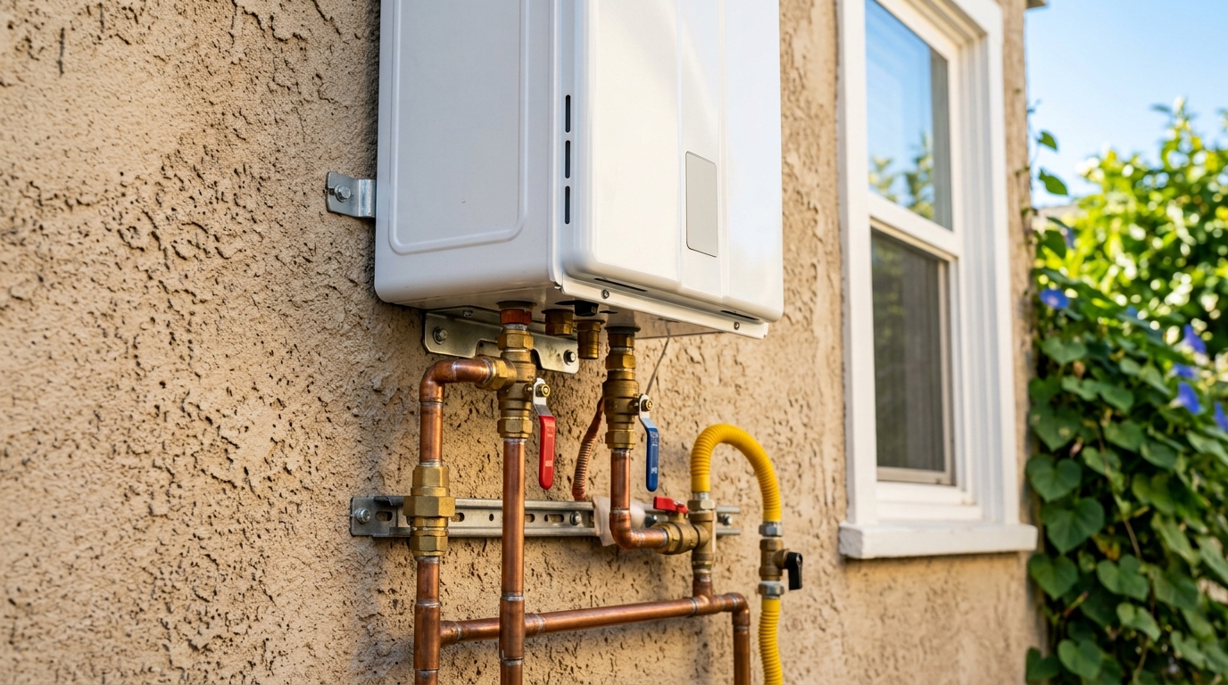 Tankless water heater mounted on a stucco wall